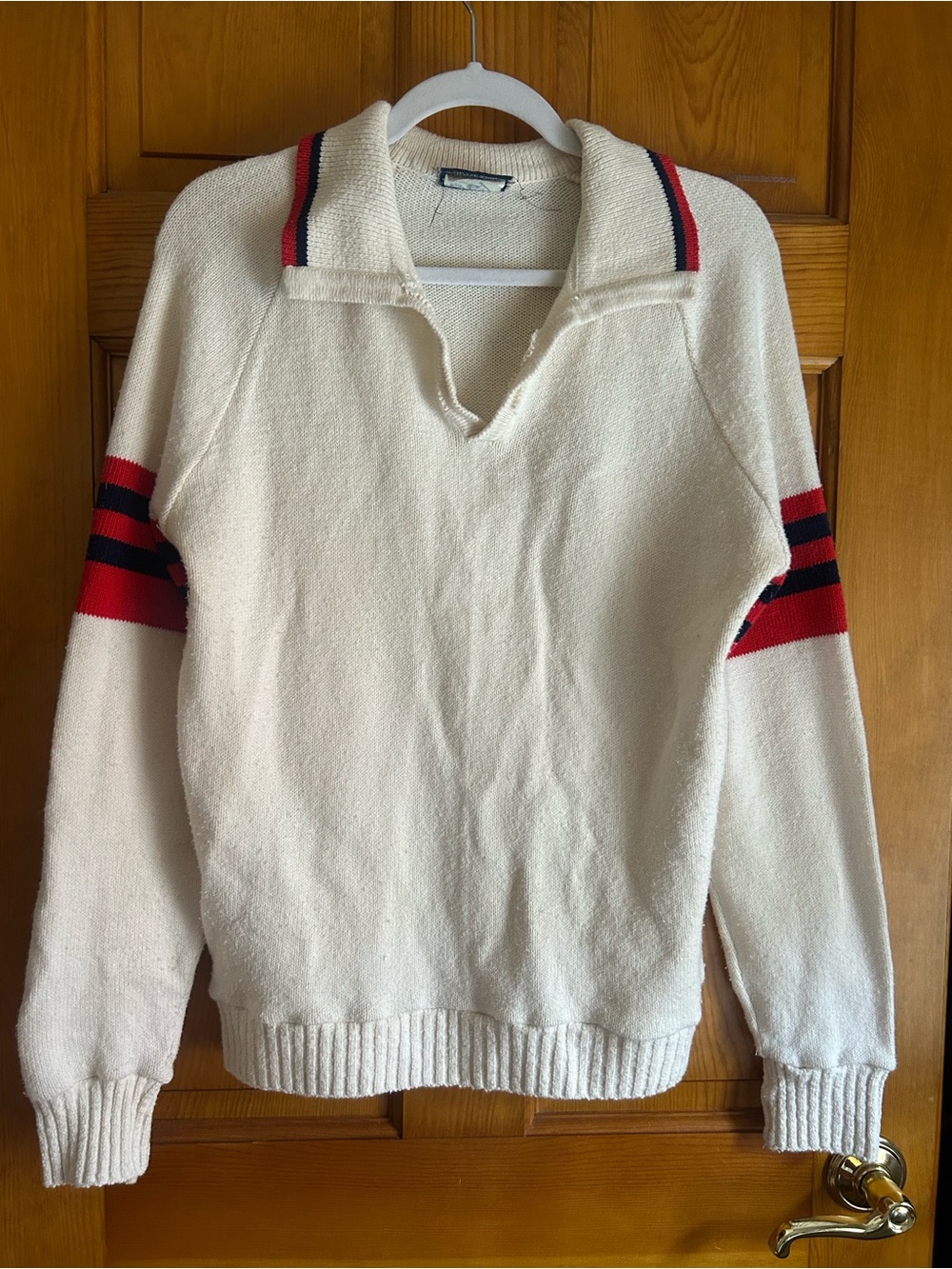 Polo by Ralph Lauren Cream V-Neck Sweater with Red & Navy Stripes